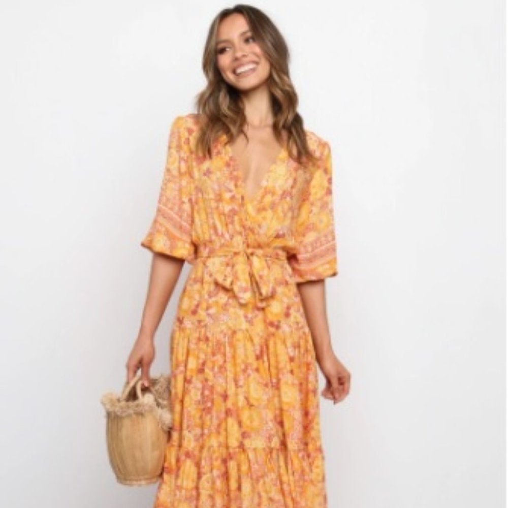 Petal + Pup Zesty Orange Midi Dress L with Tie Waist and Flowy Skirt